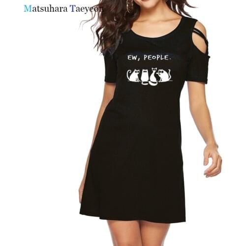 Cat Dress Women Summer Casual Harajuku Cute Short Sleeve Tops O Neck Fashion Loose Bandage Shoulder Women Sexy Dress