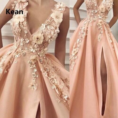 Peach Muslim Evening Dress Tank V-Neck Flowers Lace High Slit Islamic Dubai Kaftan Saudi Arabic Evening Gown Prom Dress