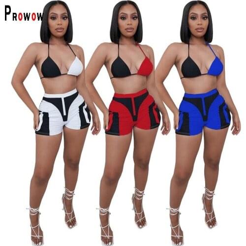 Prowow Sexy Summer Women Two Piece Set Geometry Print Clothing Suits for Party Nigh Club Unique Aesthetic Female Beachwear