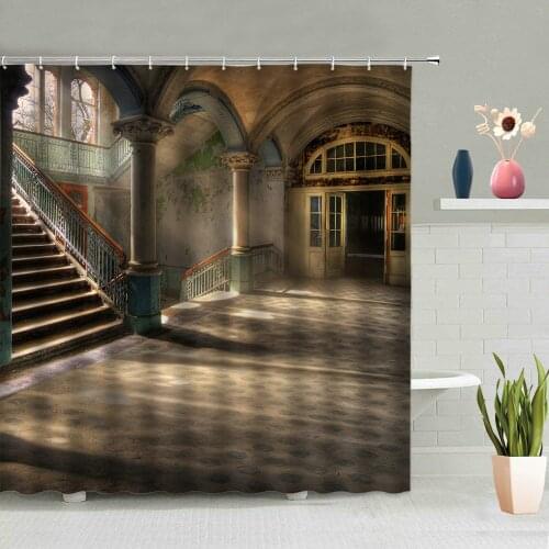 Retro Brick Wall Shower Curtain Vintage House Door Bridge Europe Architecture Scenery Bathroom Decor Bath Screen Fabric Hook Set