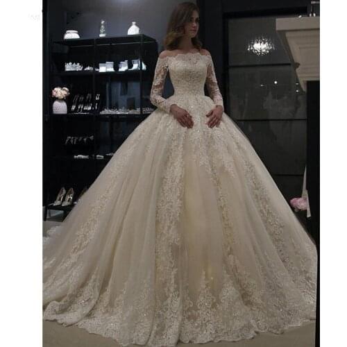 Luxury Abiye Ball Gown Wedding Dresses Lace Bridal Gowns Shiny Long Court Train Sequins Dubai Princesse Wedding Dress Casamento