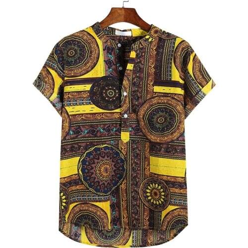 Mens Cotton And Linen Shirt Summer Retro Ethnic Print Harajuku Blouses Beach Buttons Short Sleeve Camicias Round Neck Kimono