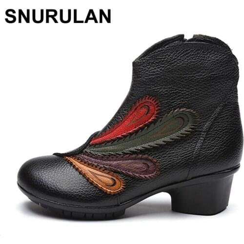 SNURULAN 2017 wi Women Genuine Leather Boots Retro Cowhide Leather Womens Boots Mother Folk Style Winter Shoes Sapato Feminino