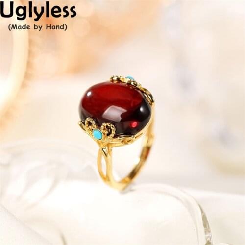 Uglyless Vintage Ethnic RUYI Turquoise Rings Women Natural Blood Red Amber Rings Real 925 Silver Retro Jewelry Gemstones Bijoux