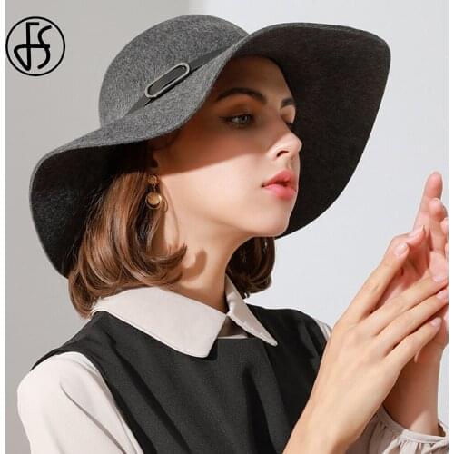 FS Lady Wool Felt Dome Fedora Hats For Women Winter Autumn Big Wide Brim Church Cloche Derby Hat Fedoras Bowler Cap With Belt