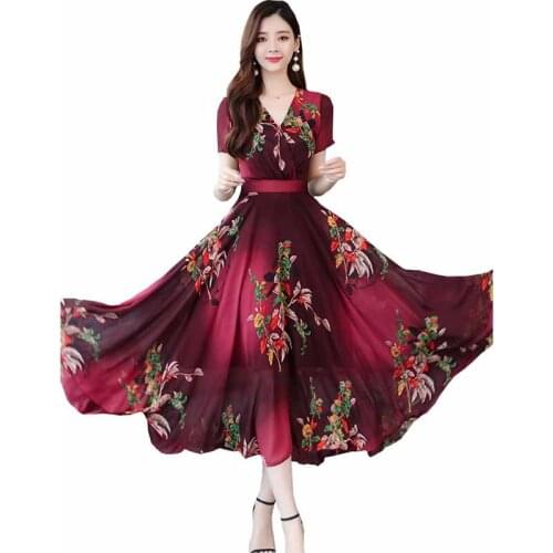 V-neck Short sleeve Print Long Vestido New Fashion Women Summer Dresses Plus size Slim Dance Big swing Female Tide Dress OK680