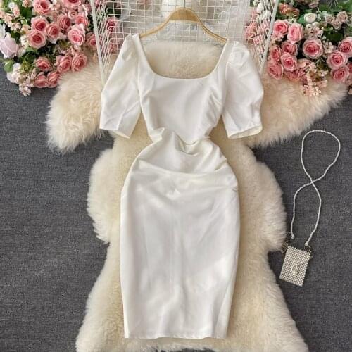 White Black Dress Sexy Draped Bodycon Dress Women Elegant Square Collar Short Sleeve High Waist Mini Vestidos Party Robe