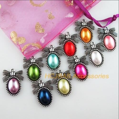 10 New Knot Charms Tibetan Silver Tone Retro Oval Mixed Acrylic Pendants 19.5x24.5mm
