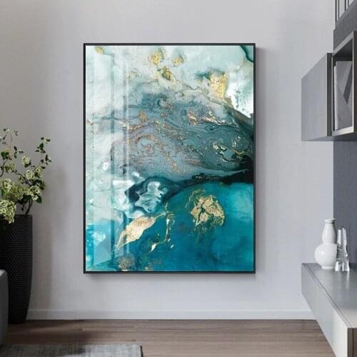 Abstract Watercolor Blue Golden Rendering Modern Decorative Picture Canvas Wall Art Poster for Living Room Office Decor