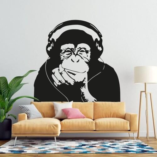 Bensi Thinking Monkey Music Wall Sticker Headphone Music Theme Wall Sticker Home Living Room Bedroom Fashion Art Decoration yy14