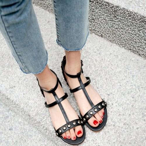 BLXQPYT 2020 New Plus Size 50 Women Sandals Flat Gladiator Leather Summer Rome Style Double Buckle Casual Beach Shoes 0-2