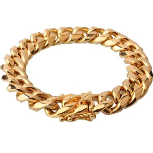 15mm Wide 7-11inches Free Choose Gold Color Stainless Steel Miami Curb Cuban Link Chain Bracelet Jewelry Cool Mens Cuff