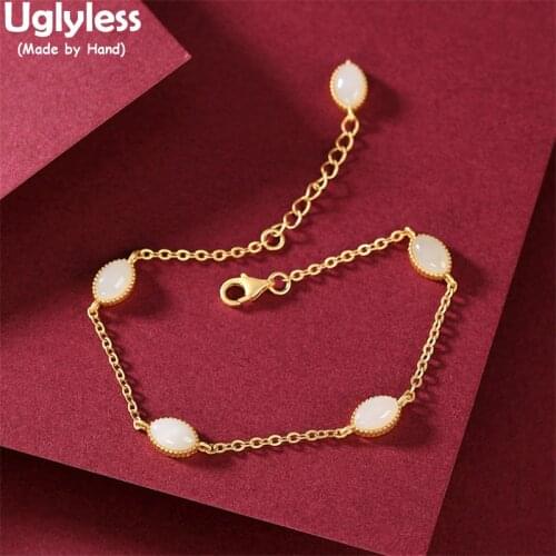Uglyless Ultra Thin Gold Chains Bracelets for Women Natural Jade Oval Bracelets 925 Silver Gemstones Fashion Dress Jewelry Gems