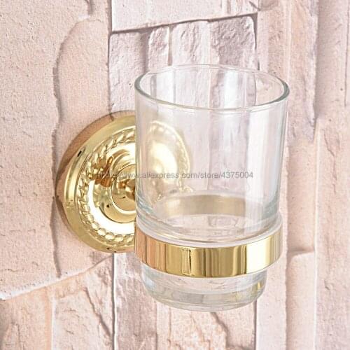 Cup & Tumbler Holders Wall Mounted Toothbrush Cup Holder Golden Brass Bathroom Accessories Nba591