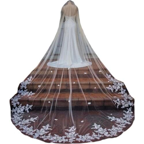 Hot Selling 3M Long Wedding Veils With Appliqued Lace One Layer Custom Made White Ivory Champagne Bridal Wedding Veil with Comb