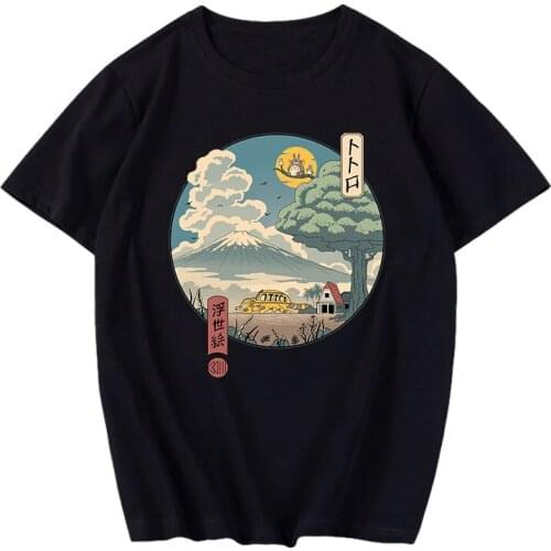 Summer New T Shirt Men Japan Harajuku Cartoon Totoro Print Tees Round Neck Cotton Fashion Hip Hop High Streetwear Tops