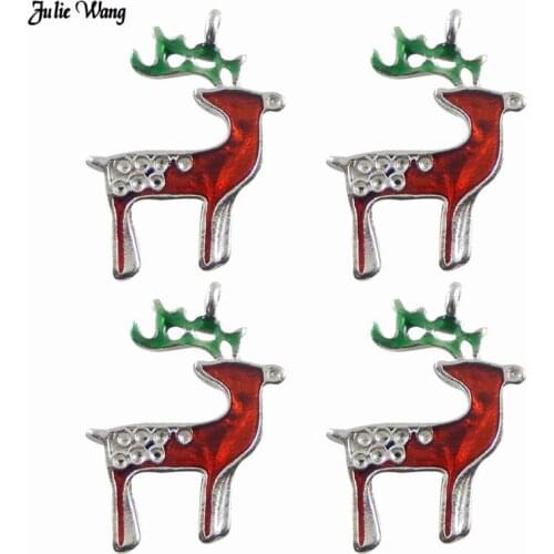 Julie Wang 4pcs 12pcs Silver Color Deer Charms Alloy Enamel Elk Pendant For Bracelet Making Xmas Hanging Jewelry DIY Accessories