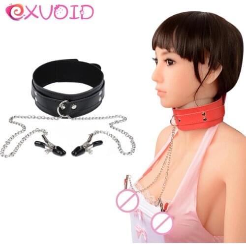 EXVOID Leather Neck Collar with Nipple Clip Slave Restraint BDSM Halloween Party Cosplay Sex Toy For Women Men Breast Clamp