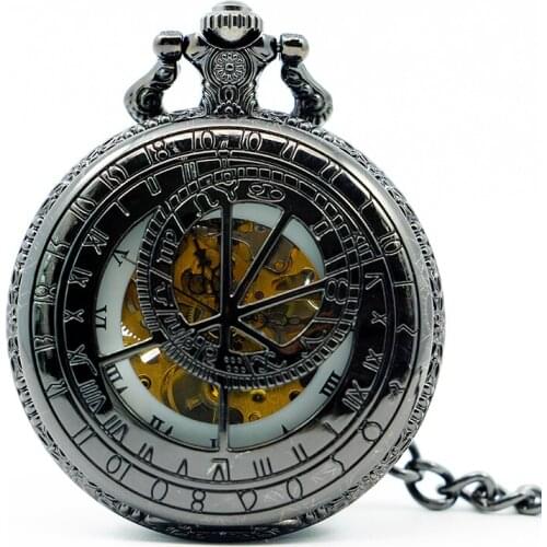 Black Carved Hollowed Mechanical Watches Hand Wind Transparent Case Pocket & Fob Watch with Chain 10pcs/lot