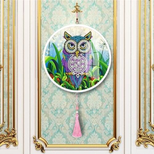 Cute Owl Round Frame Diamond Painting Pendant with Tassel DIY Rhinestone Kits Home Decoration Mural Suitable for Hanging Wall