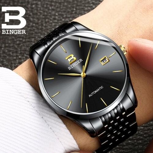 Switzerland BINGER Automatic Movement Mechanical Mens Watches Top Brand Luxury relogio masculino Black Stainless Steel Watch