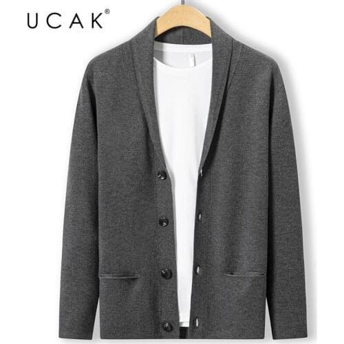 UCAK Brand Casual Turn-down Collar Cardigans Men Sweatercoat Clothing Autumn Streetwear Solid Color Cardigan Pull Homme U1231