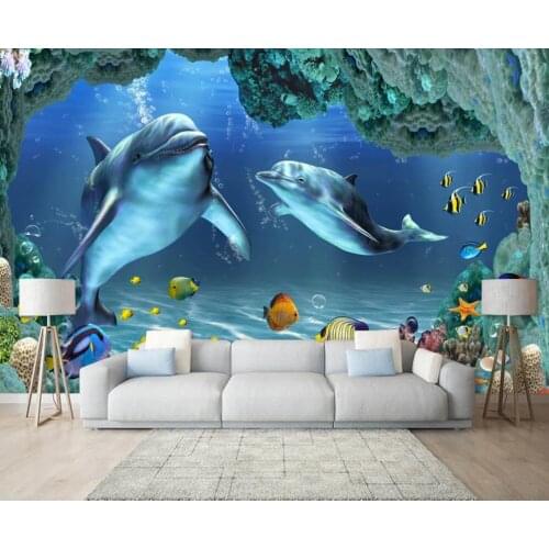 Custom 3D mural wallpaper 3D underwater world dolphin mother and son deep love TV background wall