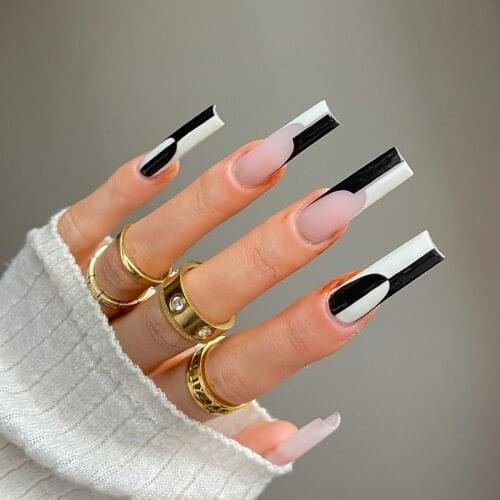 Simple black and white color matching long ballet Press on nail nail patch fake nail removable nail piece