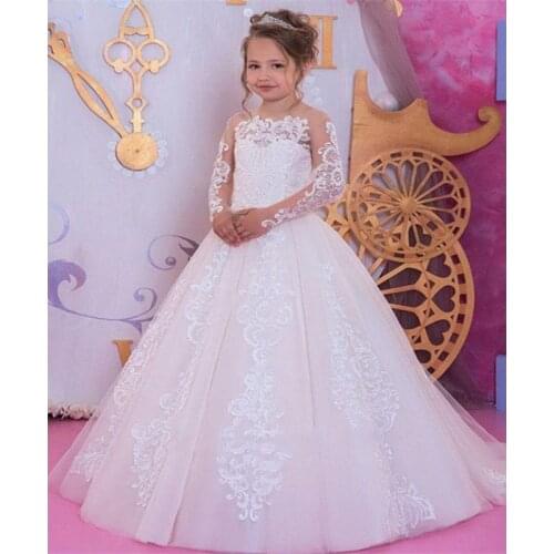 Romantic White Flower Girl Dresses Lace Applique Long Sleeve For Weddings Kids Lace Pageant Party Christmas Ball Gown Dresses