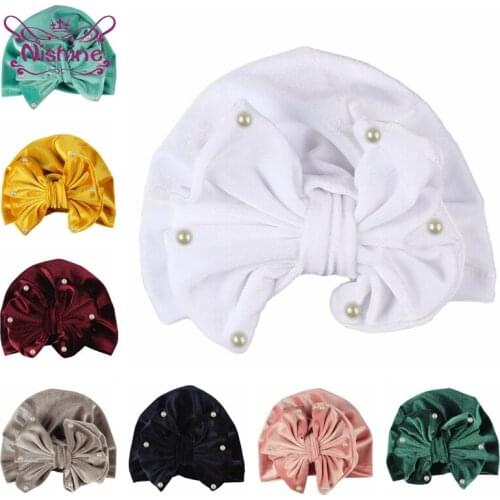 Solid Color Handmade Bowknot Baby Girls Turban Caps Autumn and Winter Warm Elastic Hats Soft Gold Velvet Headwear Holiday Gifts