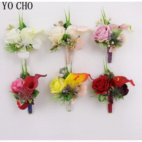 YO CHO Wedding Groomsmen Boutonniere PU Calla Lily Artificial Silk Rose Flower Mens Suit Brooch Corsage Party Prom Accessories