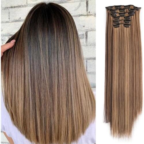 6Pcs/Set 22" Clip in Hair Extension 16 Clips Long Straight Synthetic Heat Resistant Hairpiece Color for Women