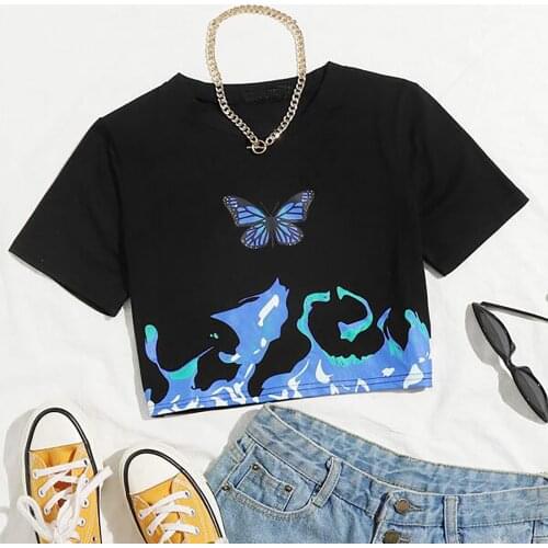 Women Butterfly Print Crop T-shirts Tops Short Sleeve Sexey Tees Top Women Cropped Skinny Elastic Short Pullover Clothing #T2P