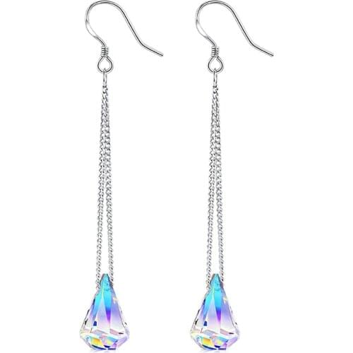 2021 Korean Fashion Aurora Borealis Jewelry Trend 925 Silver Long Tassel Crystal Rhinestone Water Drop Earrings For Women Girls