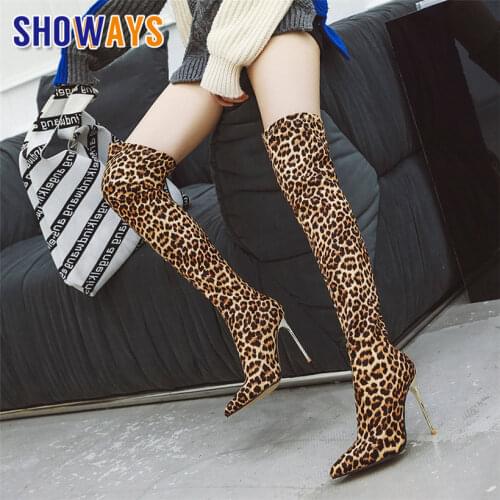 Women Thigh High Boots 10cm Metallic Stiletto Heels Leopard Stretch Slip-on Sock Boots Winter Sexy Lady Over Knee Stripper Shoes