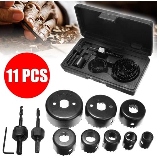 11pcs Wood Carbon Steel Cutter Circular Hole Saw Cutting Kit 19-64mm Drilling Tool Woodworking Drill Bits Set