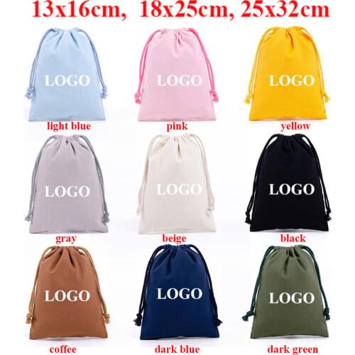 13x18cm 18x25cm 25x32cm Big Size Cotton Pouches Jewelry Packaging Cotton Gift Bag Yellow Green Pink Drawstring Bag Custom Logo