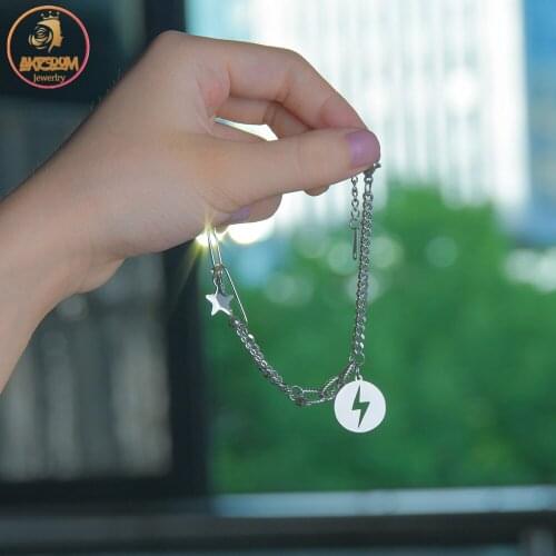 Akizoom Pentagram Lightning Stitching Bracelet Stainless Steel Color for Women Korean Charm Unisex Birthday Party Jewelry Gift