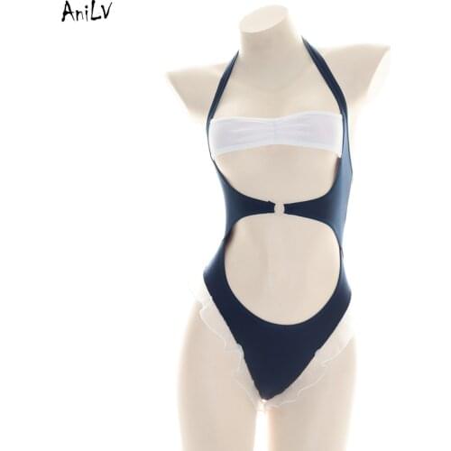 AniLV Anime Comics Student Girl Bodysuit Swimsuit Costume Ruffled Halter Backless one-piece Swimwear Uniform Pool Party Cosplay
