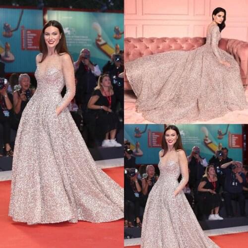 Sparkly Evening Dresses With Pocket Sequined Jewel Neck Sweep Train Long Sleeve Prom Dress A Line Arabic Dubai Formal Women Gown