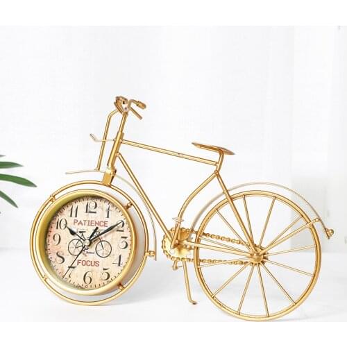 New Wall Clock Vintage Metal Tricycle Clock Golden Wrought Iron Bicycle Clock Bike Mute Clock Table Ornament Desktop Decorative