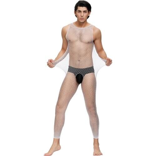Male Stretch Fishnet Bodystocking Open Crotch Erotic Stockings Lingerie Transparent Sleeveless Temptation Gay Sexy MPS164