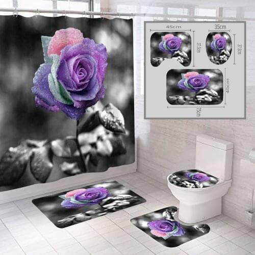 Hot Rose Flowers Shower Curtain Waterproof Polyester Bathroom Curtain Colorful Bath Mat Rug Toilet Cover Non-Slip Bath Dropshing