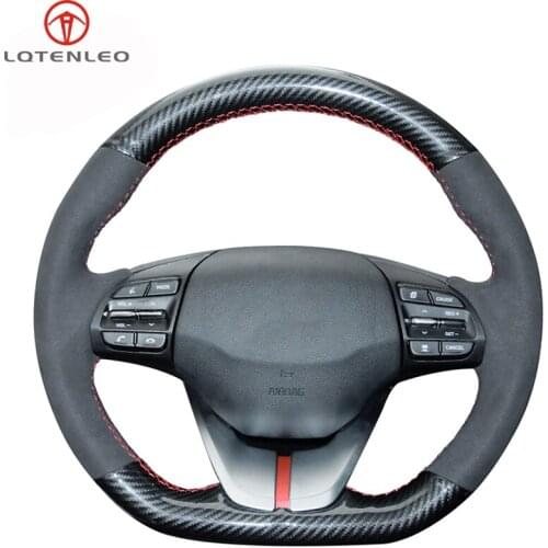 LQTENLEO Black Carbon Fiber Black Suede Hand-stitched Car Steering Wheel Cover For Hyundai Ioniq 2016-2020 Elantra 4 2016-2020