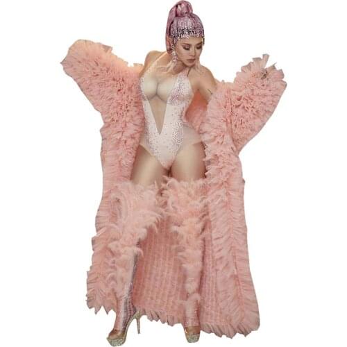 Fashion Pink Rhinestone Bodysuit Feather Stockings Women Party Costumes Oversize Mesh Long Cape Coats Singer Dancer Stage Wear