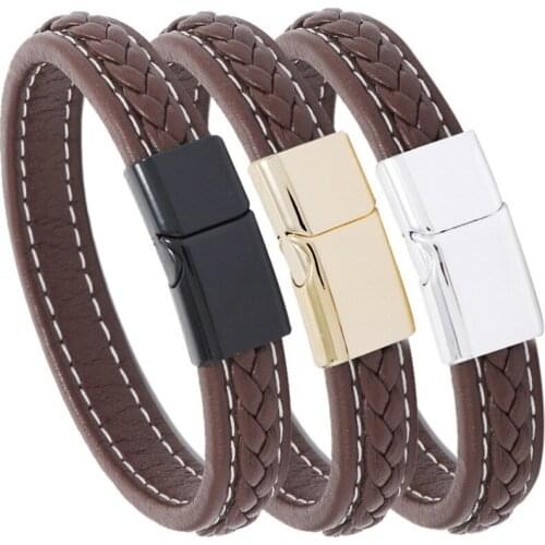 Fashion Vintage Brown Leather Men Wristbands Bracelet Casual Simple Charm Magnetic Button Cuff Bangle 20/22cm Retro Punk Jewelry