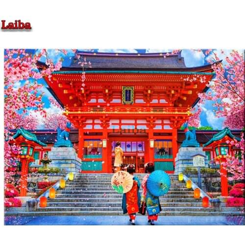 DIY Diamond Painting Japanese cherry blossom building Embroidery Cross Stitch Needlework Mosaic Painting Gift Home Wall Decor