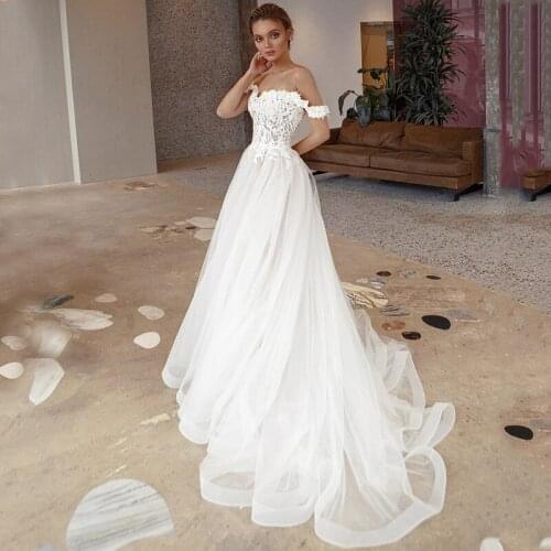 New Design Off Shoulder Lace Appliques Zipper Tulle A-Line Wedding Dress 2021 Vestido De Noiva Bridal Gown