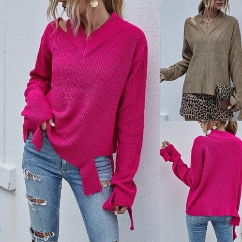 Autumn Loophole Fluorescent Color Knitted Bottoming Shirt British Loose V-Neck Irregular Pullover