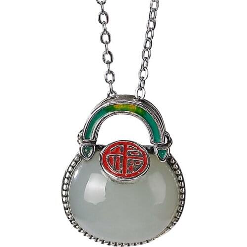 S925 sterling silver cloisonne enamel Hotian jade pendant personality Lucky Bag bag ladies clavicle chain pendant